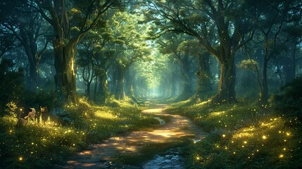 Obraz premium A mystical forest with towering trees whose leaves glow softly in the dark, winding pathways leading to hidden clearings, and magical creatures like fairies and unicorns roaming freely. Clipart