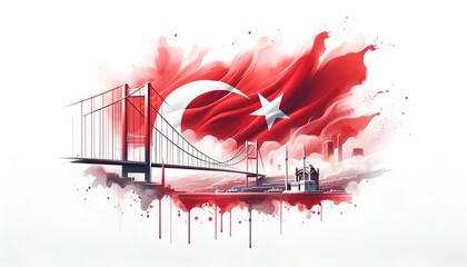Watercolor illustration for Democracy and National Unity Day in Turkey with a Turkish flag and bridge.
