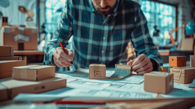 A man is sitting at a table with a stack of boxes and a piece of paper - Powered by Adobe