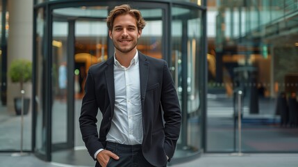 Fototapeta premium A handsome young man in a black suit and white shirt is standing at the entrance of an office building, smiling confidently with his hands hanging naturally by his sides.