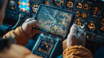 A close-up shot of a pilot holding a tablet displaying flight data of a hydrogen-powered airplane.