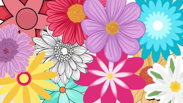 Animated background of various beautiful rotating flowers