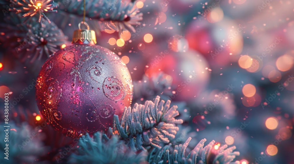 Poster an intricately designed bauble, featuring patterns and glitter, is the focus in this image, set agai