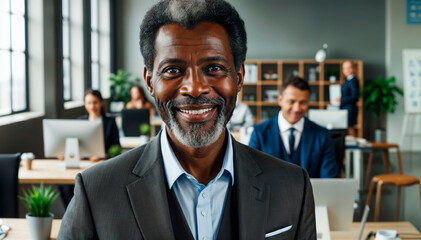 Fototapeta premium Smiling African American businessman in a modern office setting, showcasing professionalism and leadership. Ideal for corporate, finance, and business concepts. Suitable for marketing, HR, 
