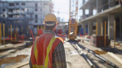 engineer architect with hard hat and safety vest working together in team on major construction site