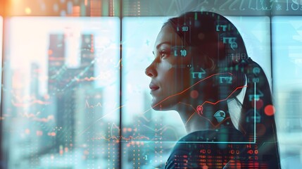 Businesswoman Overlaid With Financial Data and Analysis for Strategic Planning and Success