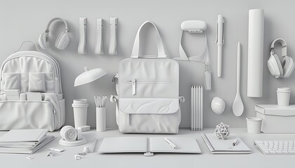 A clean, minimalistic setup of 3D white student gear and school supplies