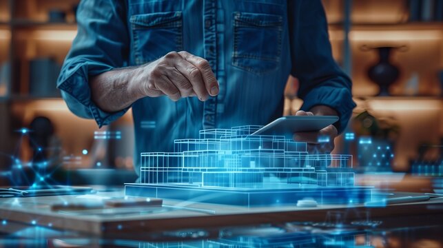 An architect working on a tablet with a holographic building model floating above the desk, wearing a blue shirt and jeans