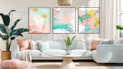 Abstract Art Canva in Soft Pastel Tones with Boho Style Patterns