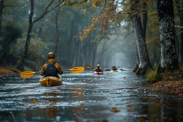 Tranquil River with Kayakers Paddling Downstream
