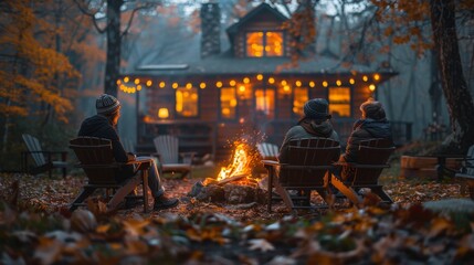 Three people sit by a campfire outside of a quaint, illuminated cabin set amidst autumnal woods in a serene atmosphere