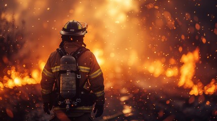 Fototapeta premium A solitary firefighter stands valiantly facing a fiery blaze, illustrating determination and professionalism