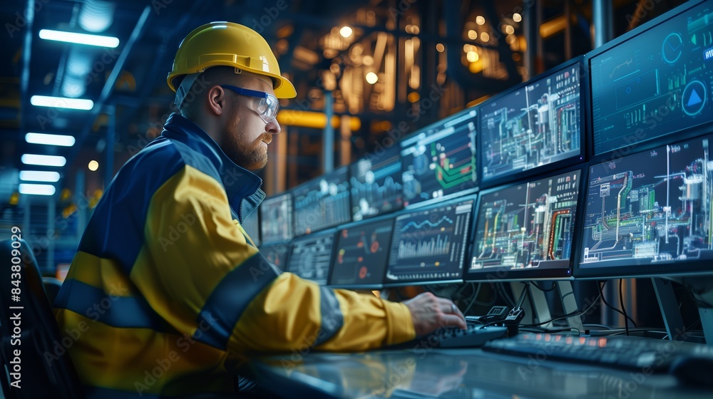 Poster futuristic digital control room with an industrial worker wearing a high visibility jacket and hard 