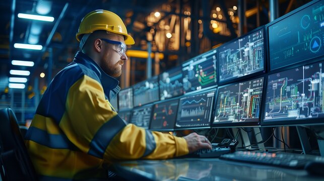Futuristic digital control room with an industrial worker wearing a high visibility jacket and hard hat using a computer to monitor a large scale energy station,