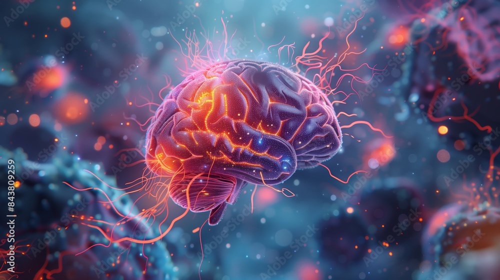 Poster realistic shot of an animated illustration showing the neural connections in the human brain with vi