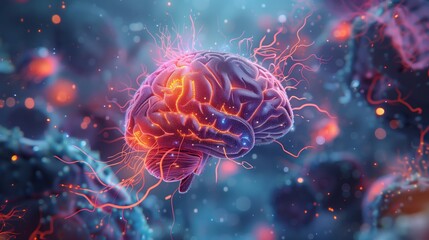 Realistic shot of an animated illustration showing the neural connections in the human brain with vibrant colors and glowing elements representing chemical cells
