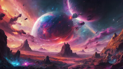 Fictional wallpaper of the space full of planets, stars and solar clouds which designed in many colors and random shapes and placements, Alien sunset view, mysterious landscape, Exploding galaxy 