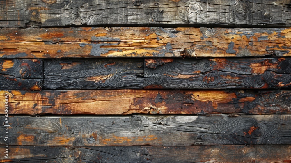 Poster a detailed image showcasing the texture of weathered and charred wooden planks with varying degrees 