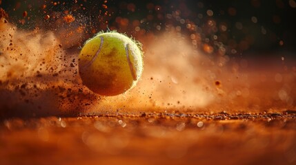 A close-up shot of a tennis ball bouncing on the red clay court, sending up a cloud of dust.