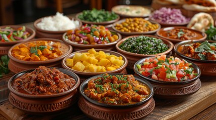 An array of Middle Eastern dishes served in clay pots, showcasing a diverse assortment of flavors and ingredients