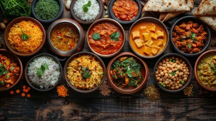 A wide selection of spicy Indian foods served in clay pots with rice varieties and bread on a wooden table