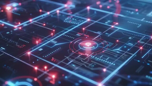 An animation depicting high-quality AI-powered cybersecurity threat detection. It shows AI algorithms monitoring network traffic, identifying suspicious activities, and preventing cyber attacks.