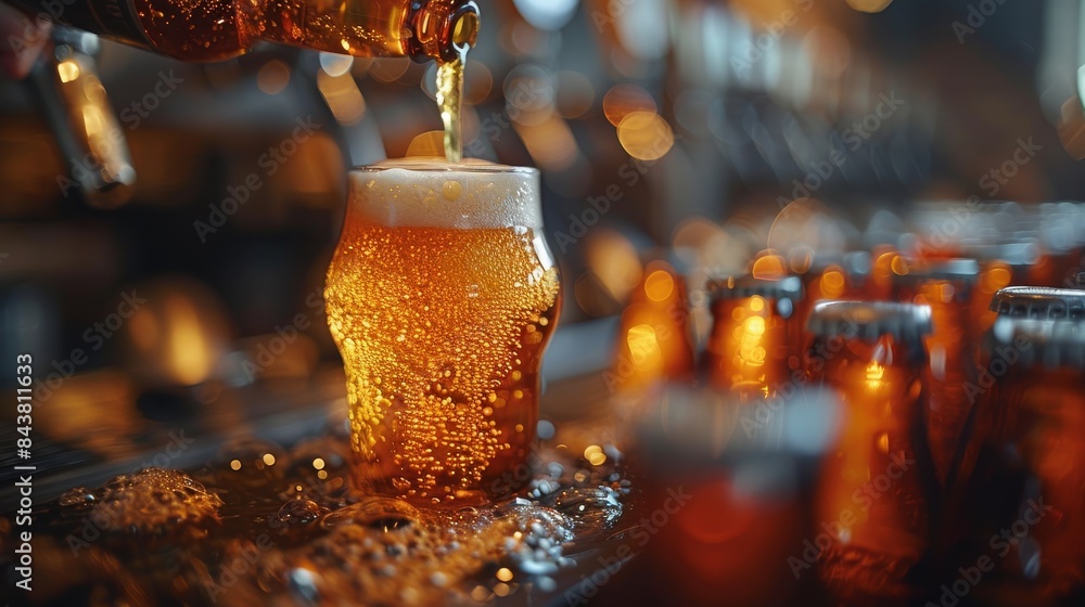 Poster stream of beer from a tap into a pint glass causing foam overflow, with wet bar counter and bottles 