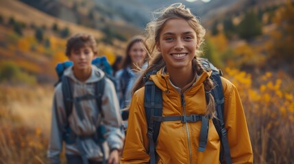 Cheerful young hiker leading a group in an autumn landscape