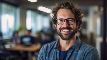 Obraz premium A software development engineer looks directly at the camera, smiles gently