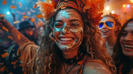 Exuberant young woman with glitter makeup celebrating amidst a carnival atmosphere, surrounded by a joyful crowd