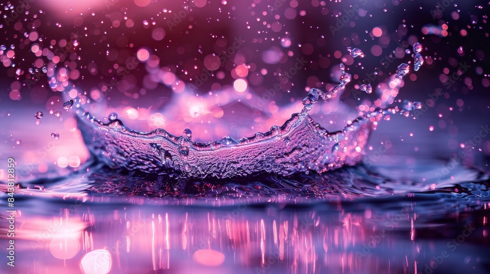 Poster a mesmerizing image of a violet-colored water splash with sparkling droplets frozen in time