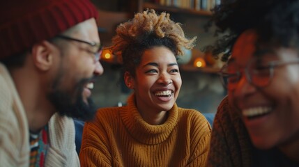Obraz premium A diverse group of people laughing and sharing stories during a group therapy session.