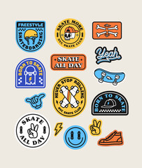 Vector graphic set featuring skateboarding-themed badges and icons. Includes phrases like "Skate All Day," "Born to Skate," and "Yeah," with designs of skulls, helmets, skateboards, and peace signs.  © cddesign.co