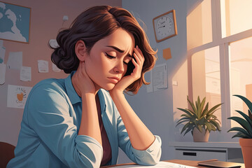 Young woman cartoon character expressing overthinking and various emotions. Illustration design capturing complex feelings and thoughts.