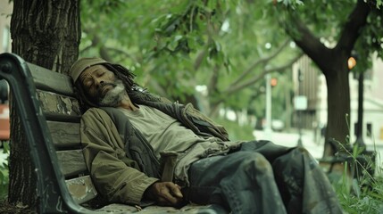 Fototapeta premium A homeless person sleeping on a park bench, highlighting the issue of homelessness.