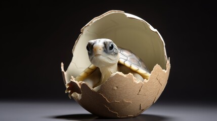 A curious baby turtle hatching from its egg, its shell still soft and pliable.