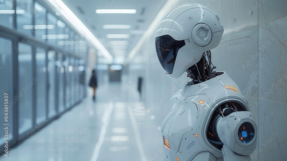 Poster futuristic robot in modern hallway - advanced ai technology in a sleek, high-tech environment with b