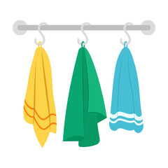 Towels. Cartoon terry cloth hanging on holder, rolled napkin and handkerchief in stack. Kitchen or bathroom hygienic fluffy fabric for wiping. Colorful domestic dishtowel. Vector textile toiletry