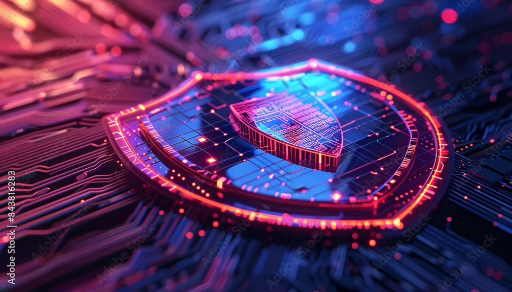 Poster futuristic cybersecurity concept with digital shield on circuit board, representing data protection 
