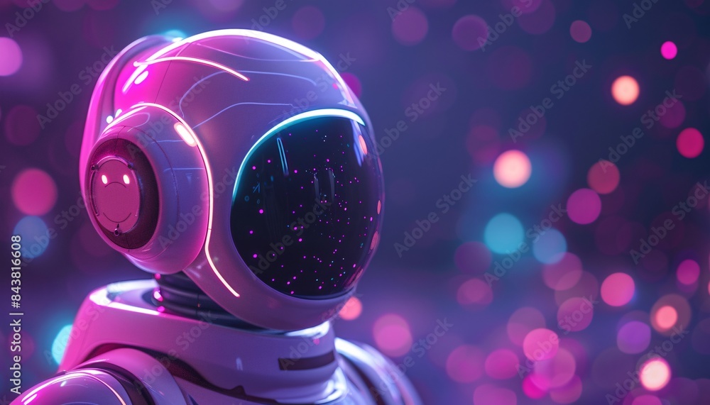 Aufkleber futuristic robot with neon lights in a colorful bokeh background, high-tech artificial intelligence 