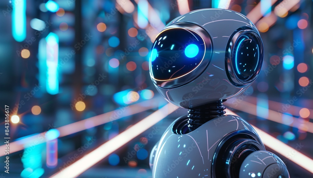 Poster futuristic robot with glowing blue eyes in a high-tech environment with neon lights and advanced tec