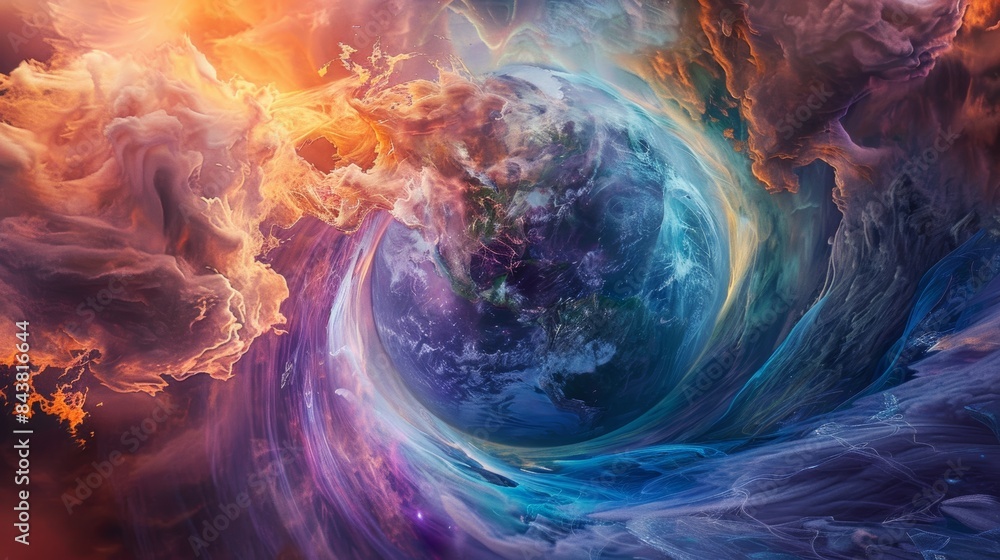 Poster a mesmerizing digital painting portraying 5g communication waves swirling around the globe, resembli