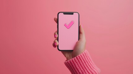 Hand Holding Smartphone with Pink Check Mark on Screen Against Pink Background, Modern Technology Concept, Minimalist Design, Vibrant Colors, Close-Up Shot, Perfect for Digital Marketing