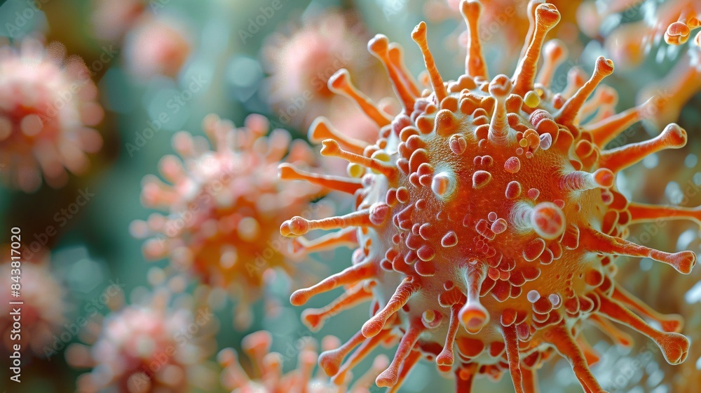 Aufkleber close-up of a virus structure with spikes and detailed surface texture in a microscopic view