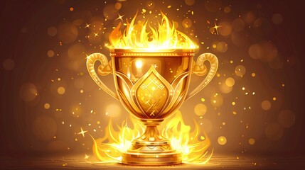 Glowing Golden Trophy with Flames and Sparkling Bokeh Background - Symbol of Victory, Achievement, and Success in Sports and Competitions