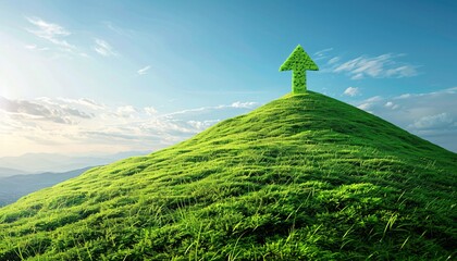Green Arrow Shaped Hedge on Lush Hill Under Blue Sky with Clouds, Symbolizing Growth, Success, and Environmental Sustainability in a Natural Landscape Setting