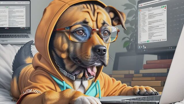 Dog programmer with laptop, hoodie, glasses. Dog works with computer in office or co-working center. Dog freelancer