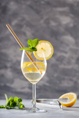Hugo Spritz Cocktail with Elderflower and Lemon on Gray Background, Trendy Spritz Drink