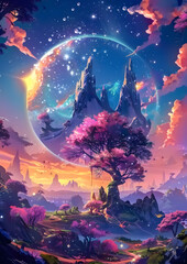 A painting of a waterfall in the middle of a forest, landscape poster