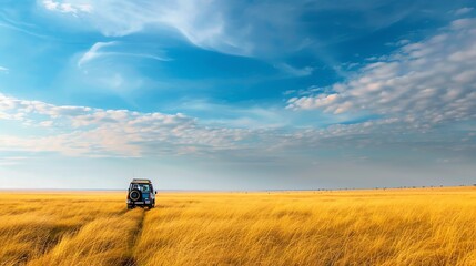 Fototapeta premium A lone car drives through a vast golden field under a bright blue sky.